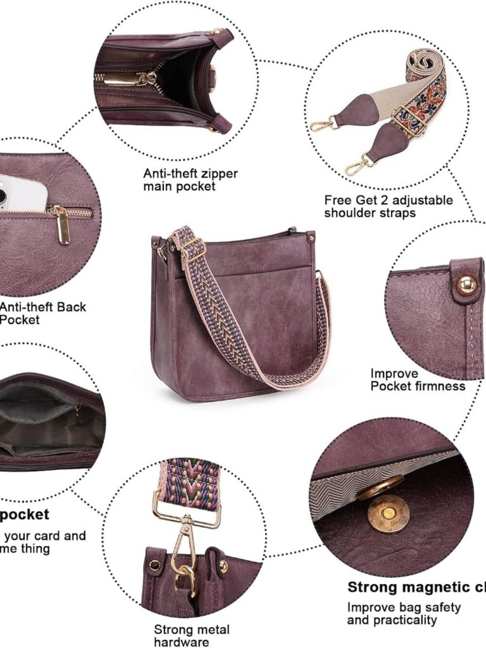 Crossbody Bags for Women Trendy Vegan Leather Hobo Handbags With 2PCS Adjustable - Picture 6 of 8